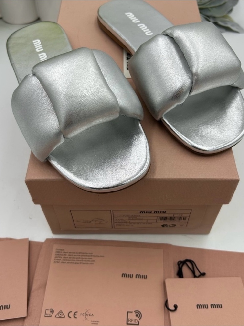 Women’s Miu Miu metallic slide sandals size 37 made in Italy